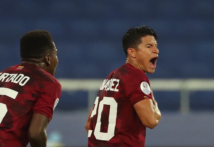 Ronald Hernandez scores the second goal for Venezuela during the Copa America match