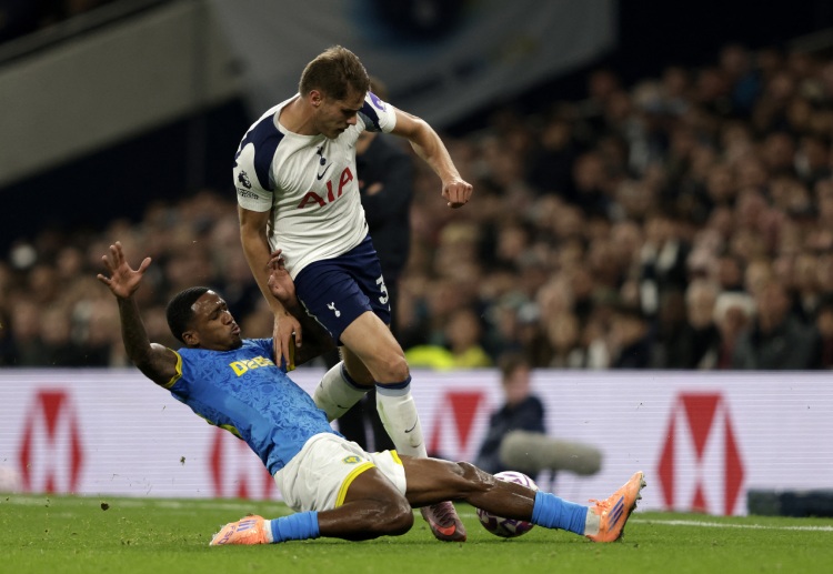 Jackson Tchatchoua Tchatchoua tackles Micky van de Ven during Tottenham’s clash with Wolves in the Premier League