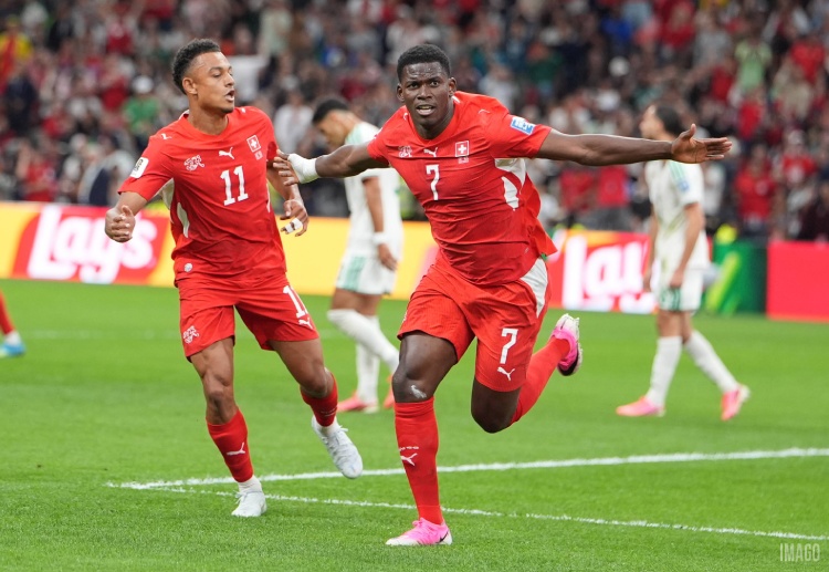 Breel Embolo scores Switzerland's first goal against Algeria in their World Cup 2026 Round of 32 match